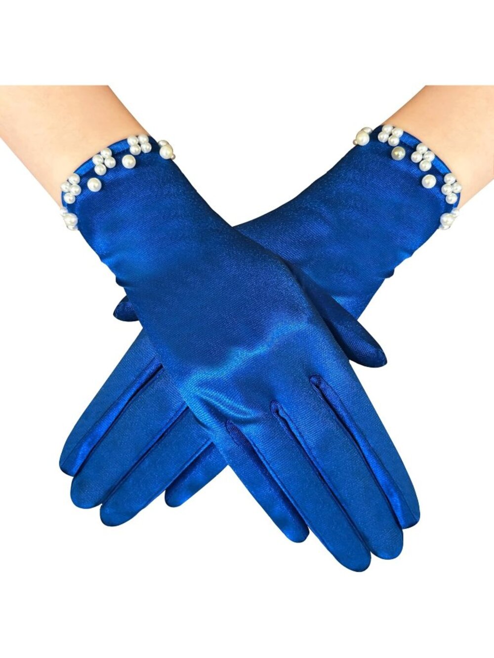 Women Royal Blue Floral Lace Gloves for Bridal Elegant Short Wrist Opera Gloves